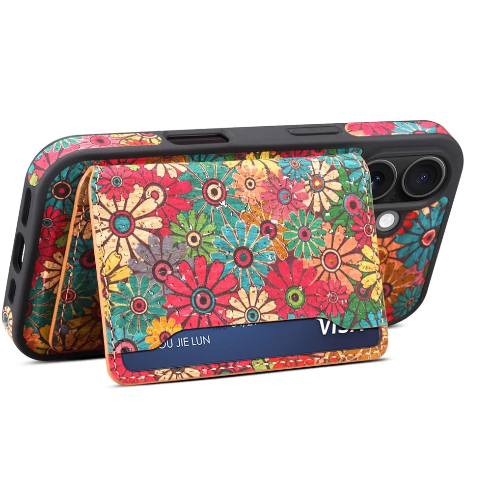 D16 For iPhone 16 Plus Magnetic Case Detachable Card Bag Flower Leather Back Cover - Green - 2