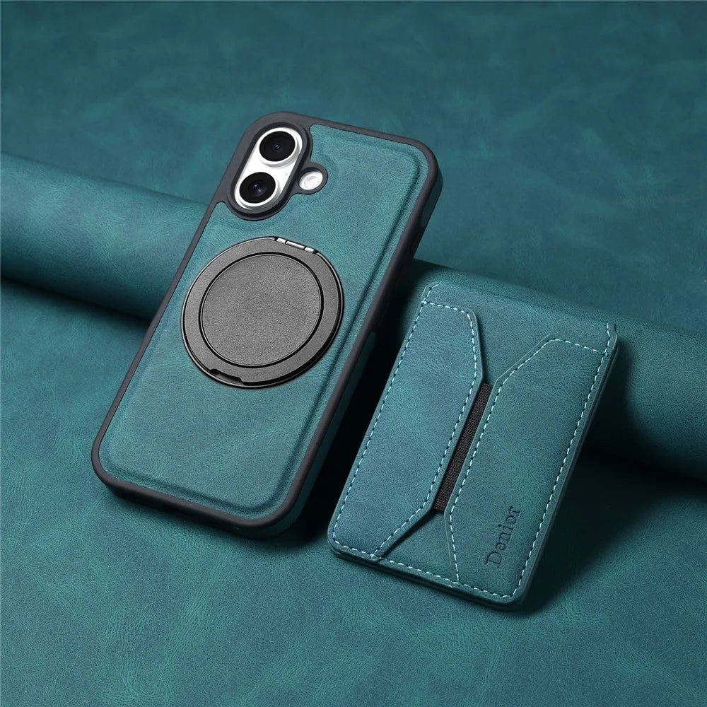 DENIOR D18 For iPhone 16 Case Ring Kickstand Leather+PC+TPU Phone Cover Card Holder - Blue - 7