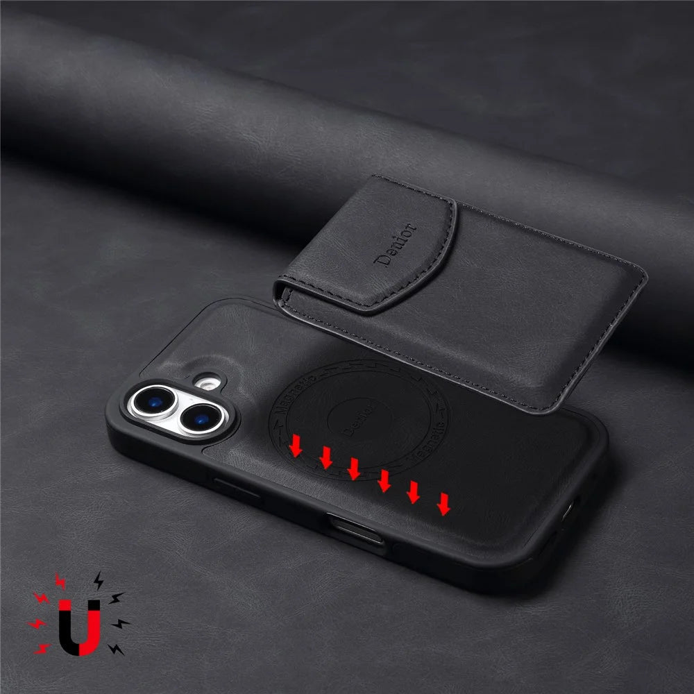 DENIOR D19 For iPhone 16 Magnetic Case Leather+PC+TPU Cover with Detachable Card Bag - Black - 6