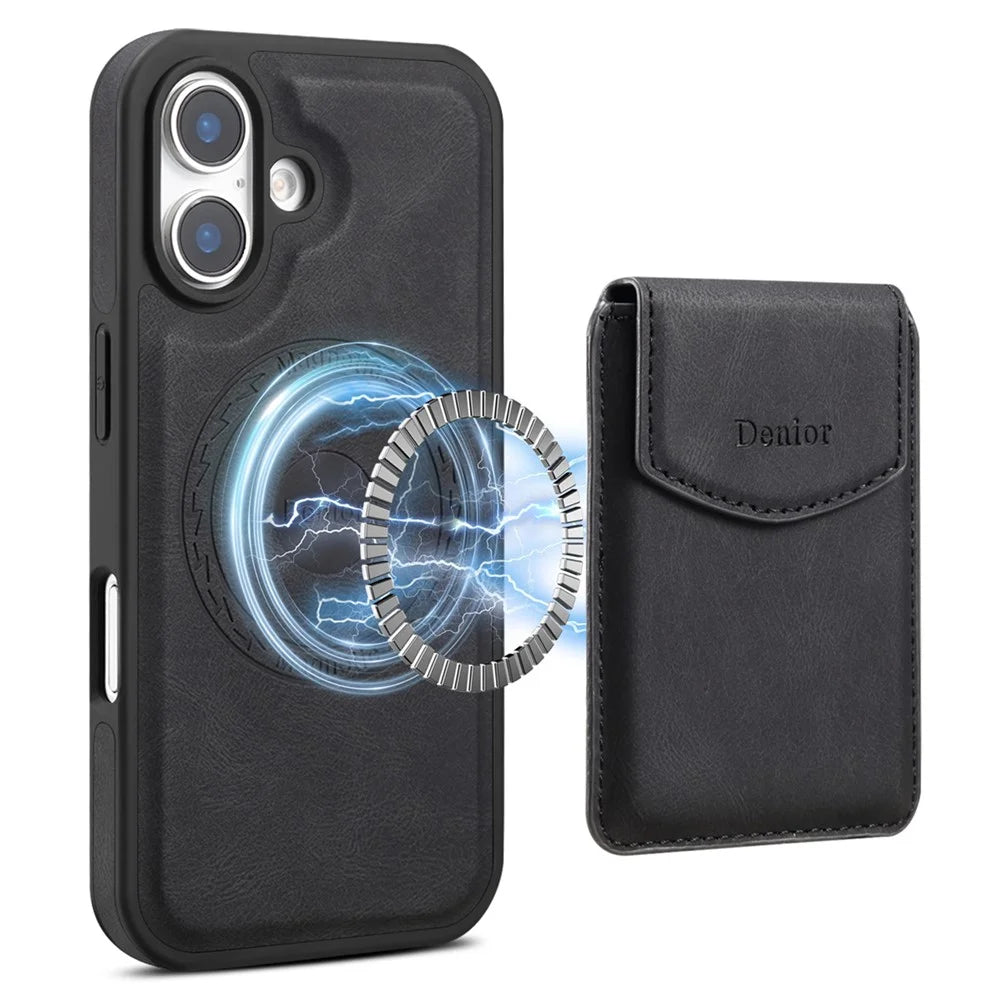 DENIOR D19 For iPhone 16 Plus Magnetic Case Leather+PC+TPU Cover with Detachable Card Bag - Black - 1