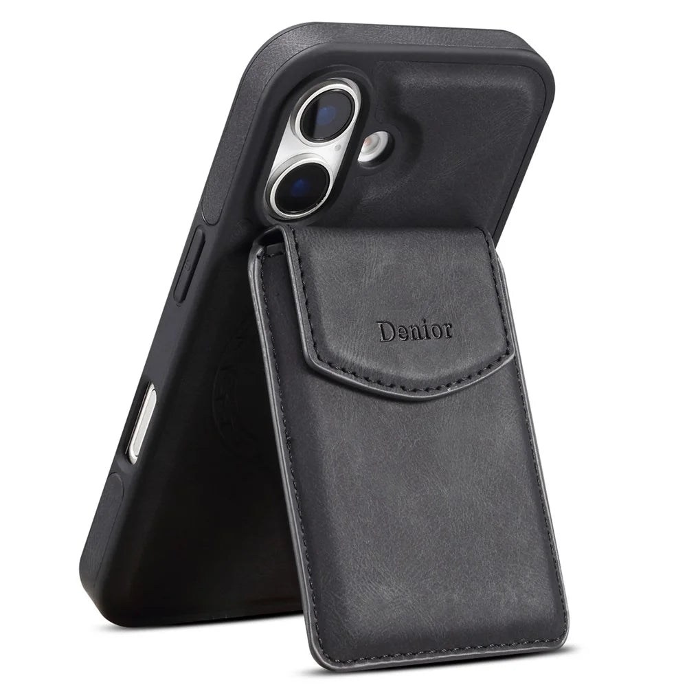 DENIOR D19 For iPhone 16 Plus Magnetic Case Leather+PC+TPU Cover with Detachable Card Bag - Black - 2