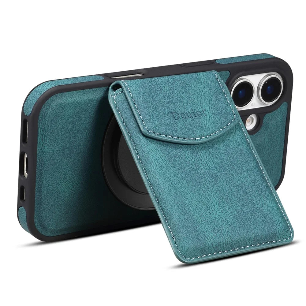 DENIOR D20 For iPhone 16 Case Detachable Card Bag Rotary Kickstand Leather+PC+TPU Cover - Blue - 4