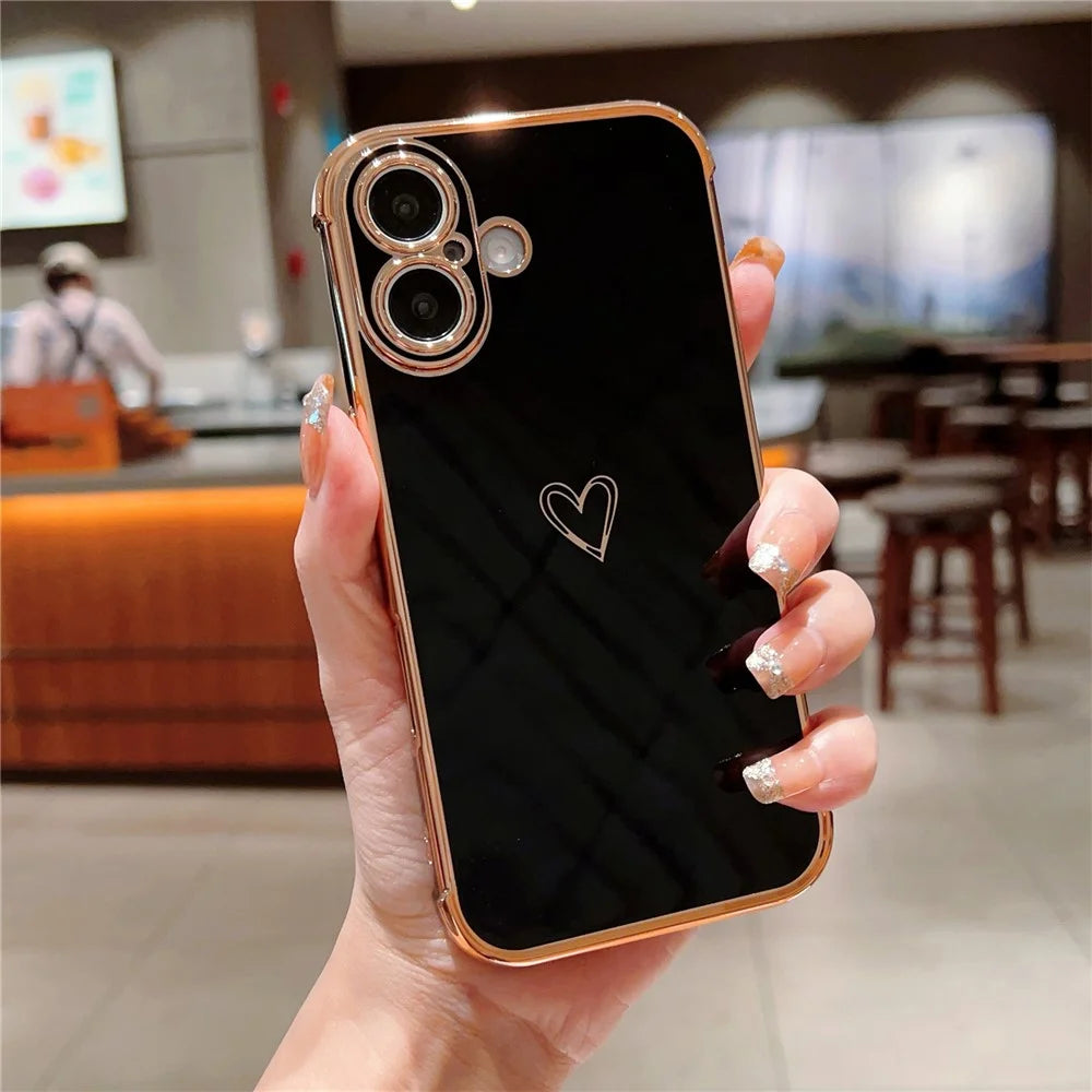 For iPhone 16 Case Love Heart Pattern TPU Phone Cover Electroplating Edge - Black - 1