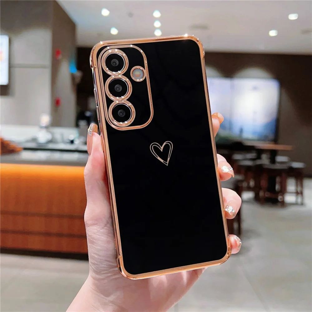 For Samsung Galaxy S25 Case Love Heart Pattern TPU Phone Cover Electroplating Edge - Black - 1