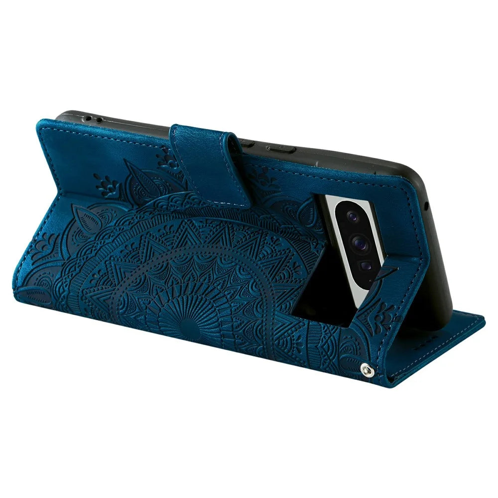 Style 018 For Google Pixel 9 Pro XL Case Imprinted Totem Skin Feel Wallet Leather Phone Cover - Blue - 4