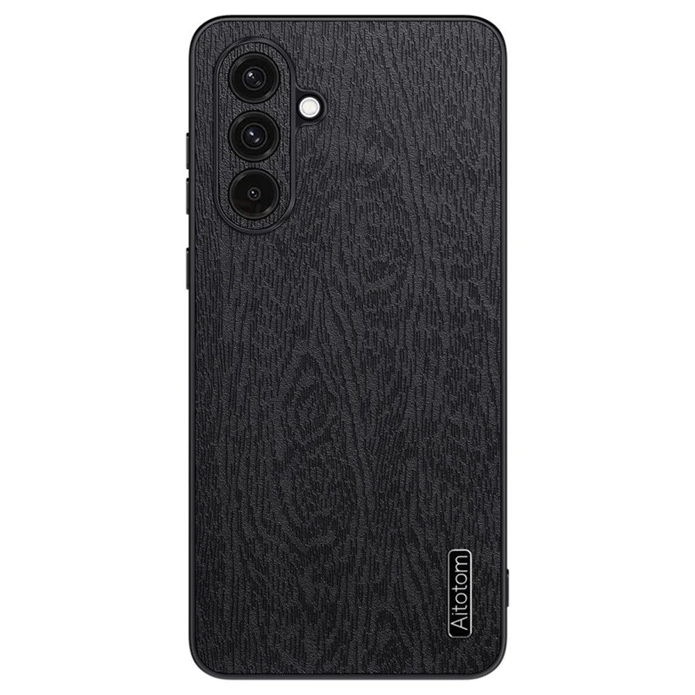 For Samsung Galaxy A26 5G Case Wood Texture PU Leather Coated PC+TPU Phone Cover - Black - 1