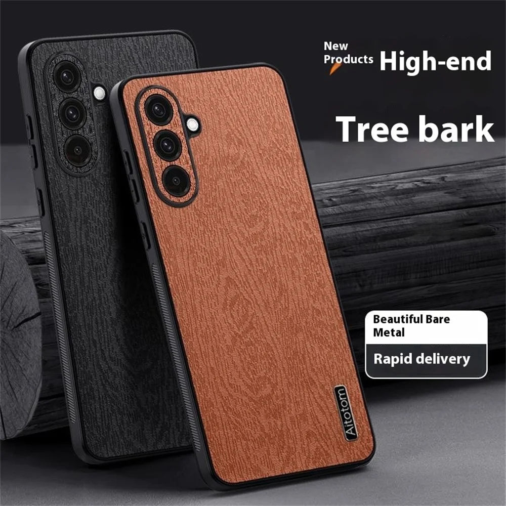 For Samsung Galaxy A36 5G Case Wood Texture PU Leather Coated PC+TPU Phone Cover - Black - 2