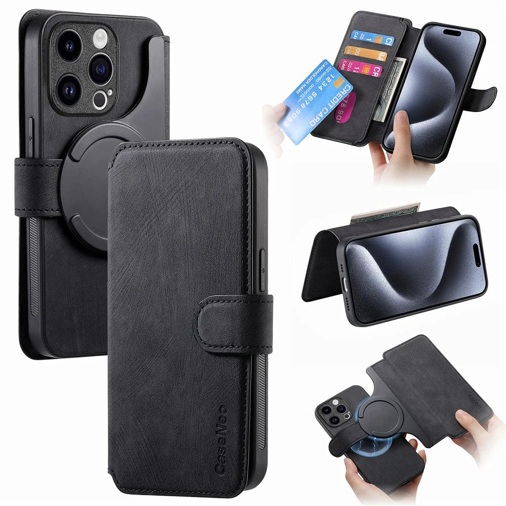 CASENEO MW-03 For iPhone 15 Pro Max Case with Detachable Wallet Leather+TPU Phone Cover - Black - 1
