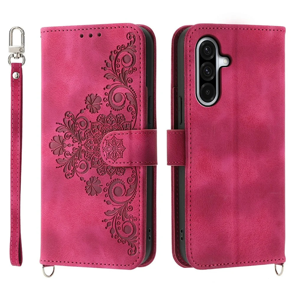 For Samsung Galaxy A56 5G Case Flower Pattern PU Leather Wallet Phone Cover with Strap - Wine Red - 1