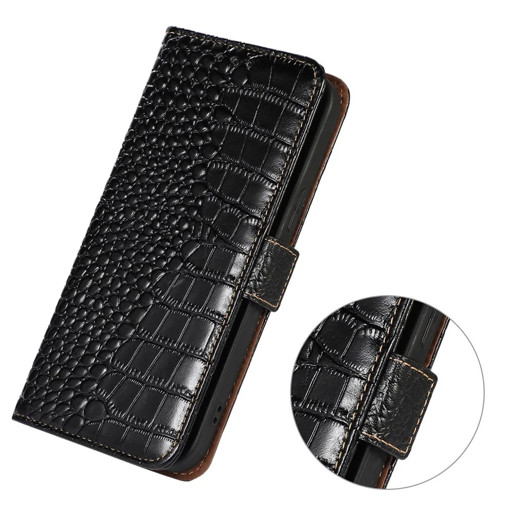 For Samsung Galaxy A56 5G Case Crocodile Texture Genuine Cow Leather Phone Wallet Cover - Black - 5
