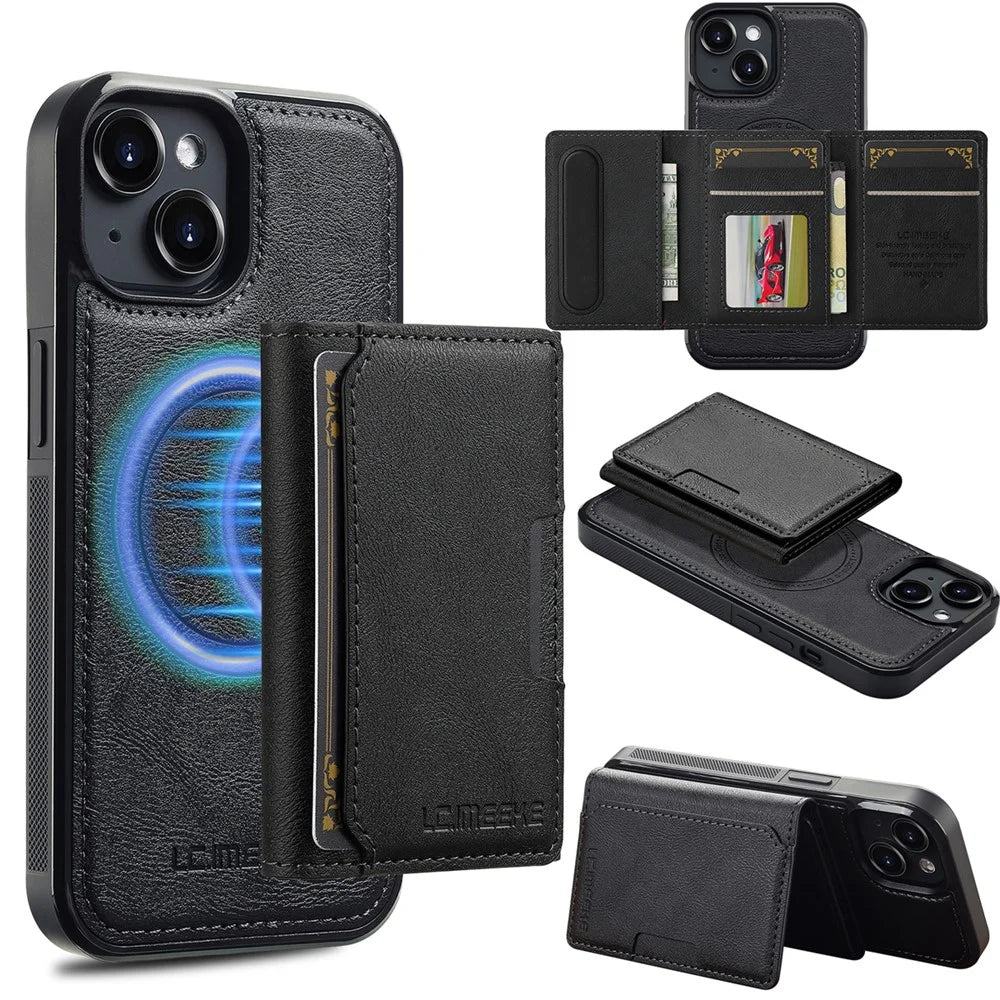 LC.IMEEKE L5 For iPhone 13 Magnetic Phone Case Leather Back Cover with Detachable Card Holder - Black - 1