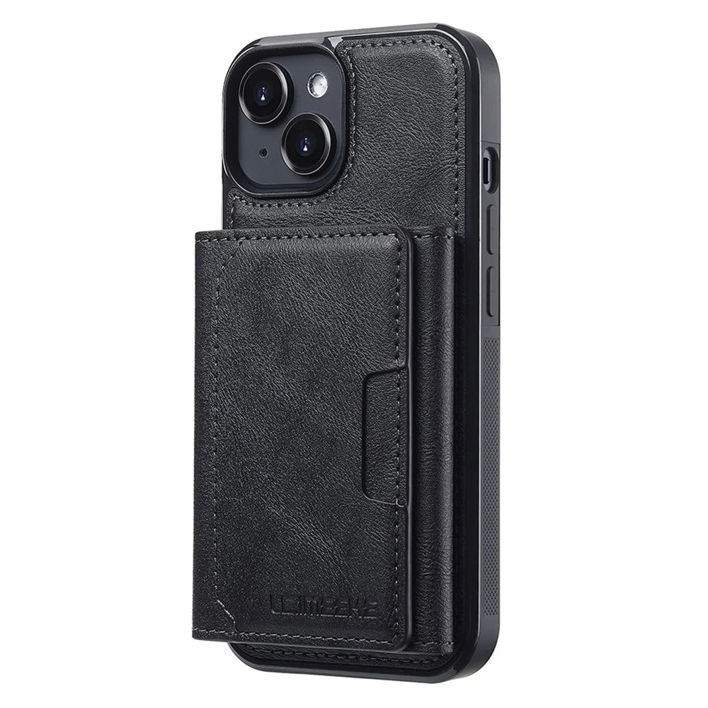 LC.IMEEKE L5 For iPhone 13 Magnetic Phone Case Leather Back Cover with Detachable Card Holder - Black - 2