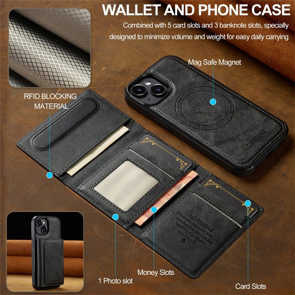 LC.IMEEKE L5 For iPhone 13 Magnetic Phone Case Leather Back Cover with Detachable Card Holder - Black - 4