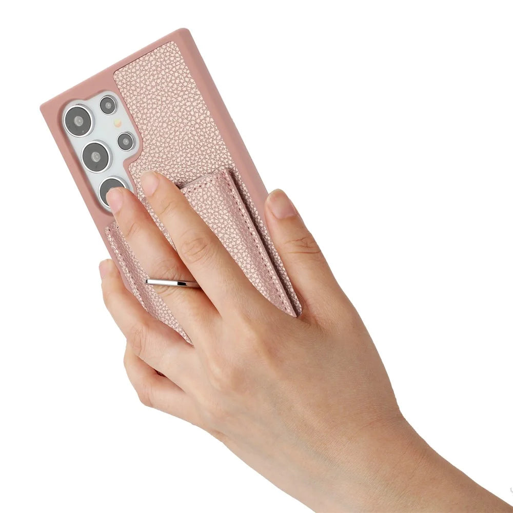 For Samsung Galaxy S25 Ultra Case with Ring Kickstand Drawing Type Card Slots Leather Back Cover - Rose Gold - 4