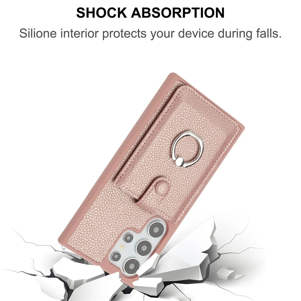 For Samsung Galaxy S25 Ultra Case with Ring Kickstand Drawing Type Card Slots Leather Back Cover - Rose Gold - 6