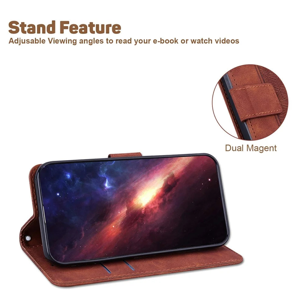 For Realme C75 4G Case Geometry Pattern Leather Wallet Phone Cover with Wrist Strap - Brown - 3