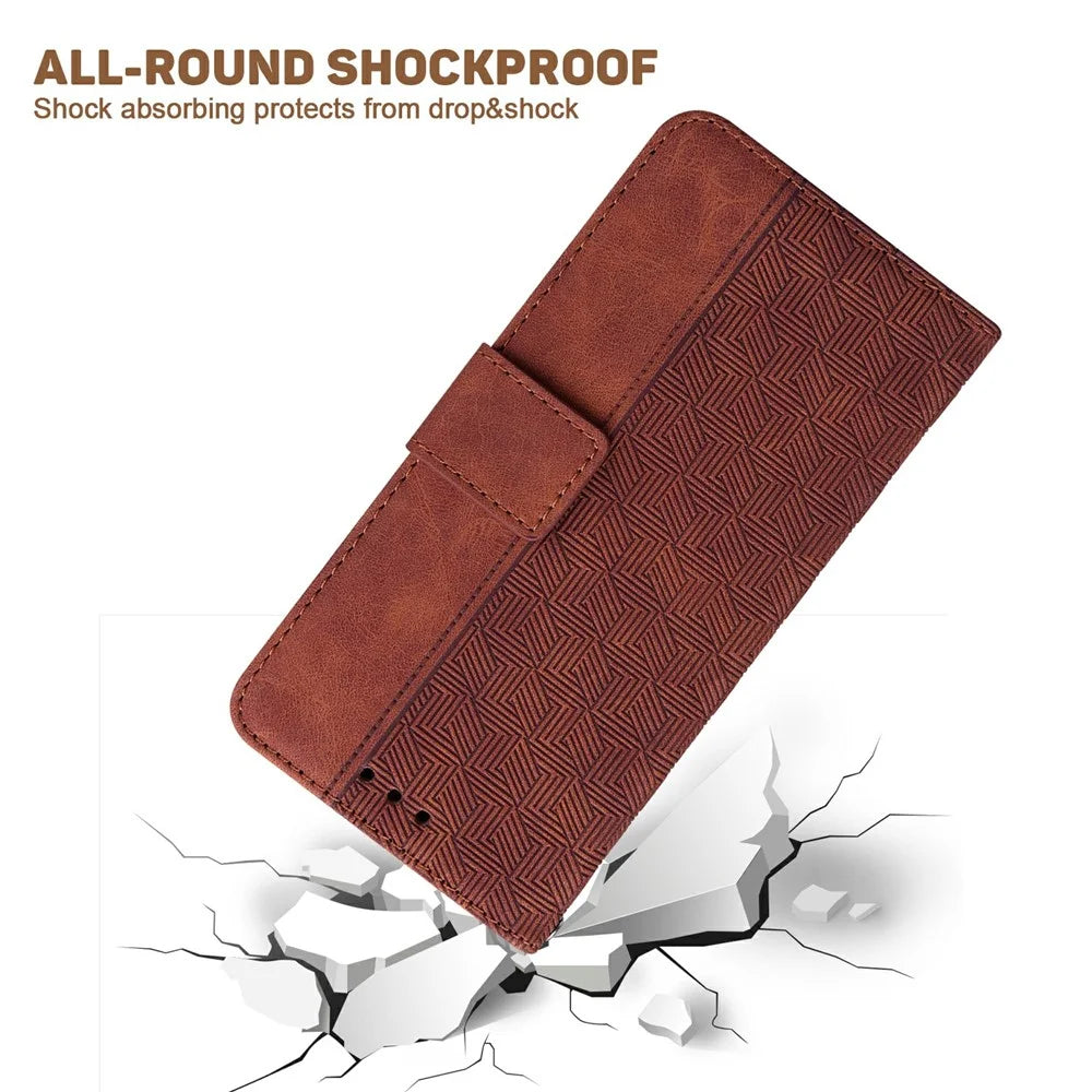 For Realme C75 4G Case Geometry Pattern Leather Wallet Phone Cover with Wrist Strap - Brown - 4
