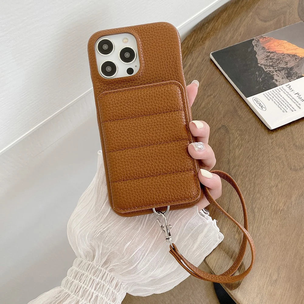 For iPhone 15 Pro Case Card Slots Kickstand PU Leather + PET Phone Cover with Wrist Strap - Dark Brown - 4