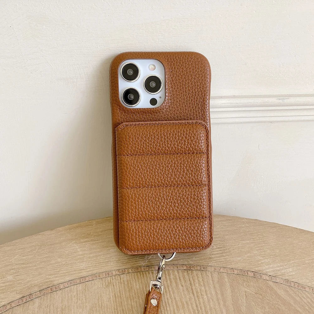 For iPhone 15 Pro Case Card Slots Kickstand PU Leather + PET Phone Cover with Wrist Strap - Dark Brown - 5
