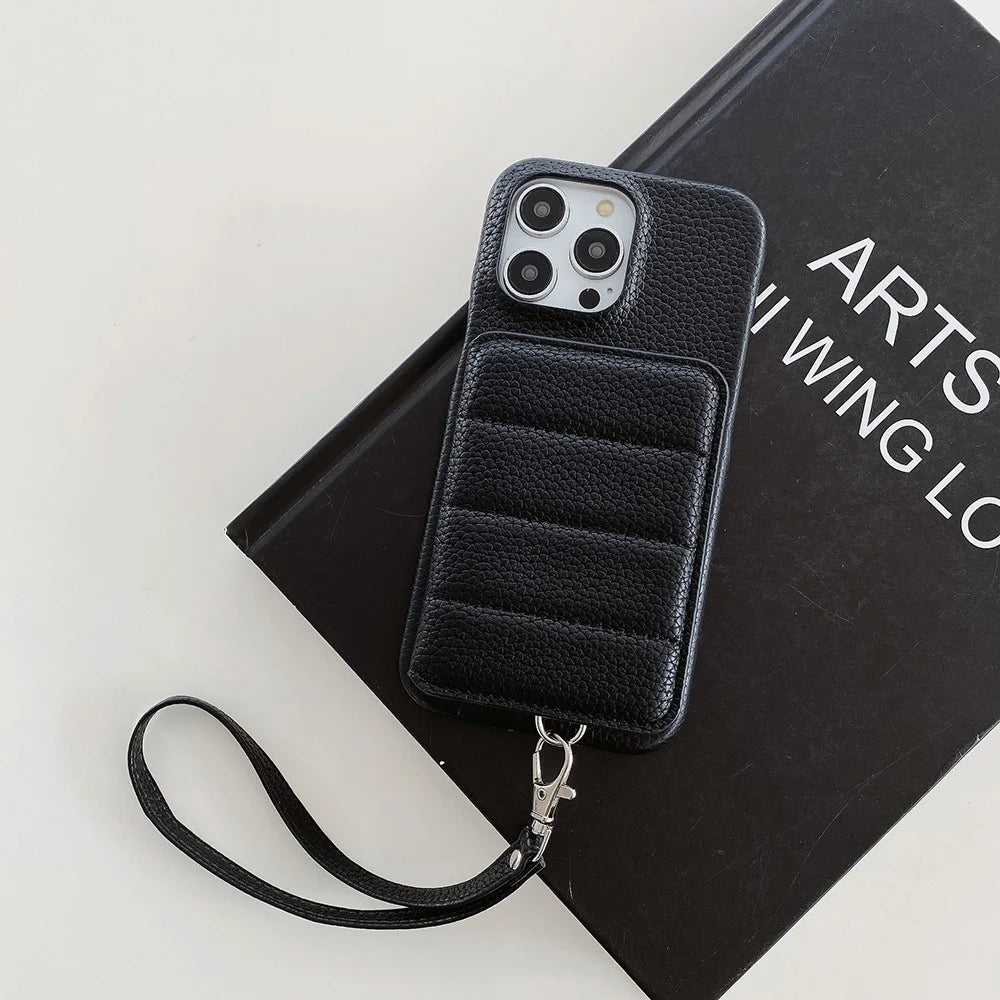 For iPhone 16 Pro Max Case Card Slots Kickstand PU Leather + PET Phone Cover with Wrist Strap - Black - 2