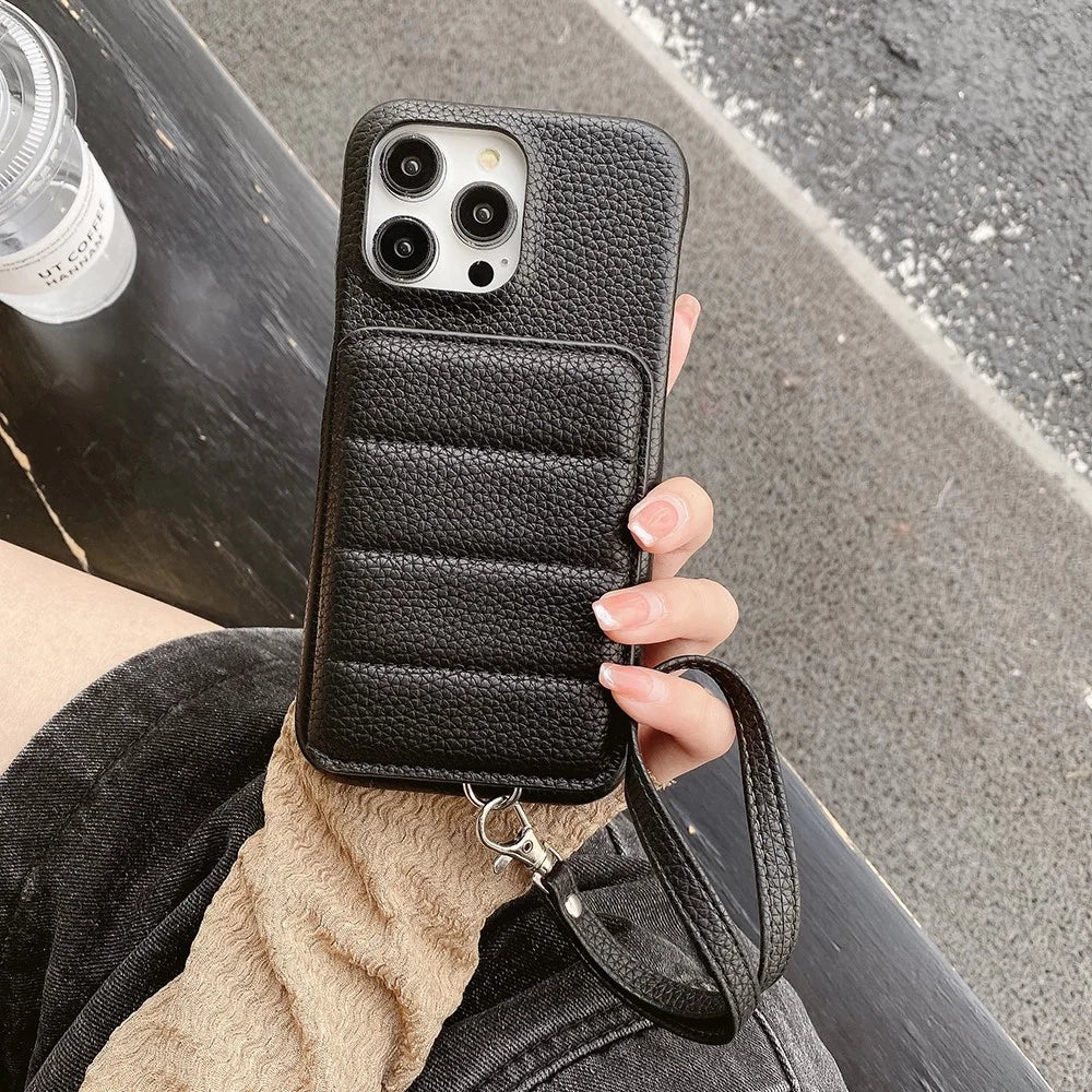 For iPhone 16 Pro Max Case Card Slots Kickstand PU Leather + PET Phone Cover with Wrist Strap - Black - 3