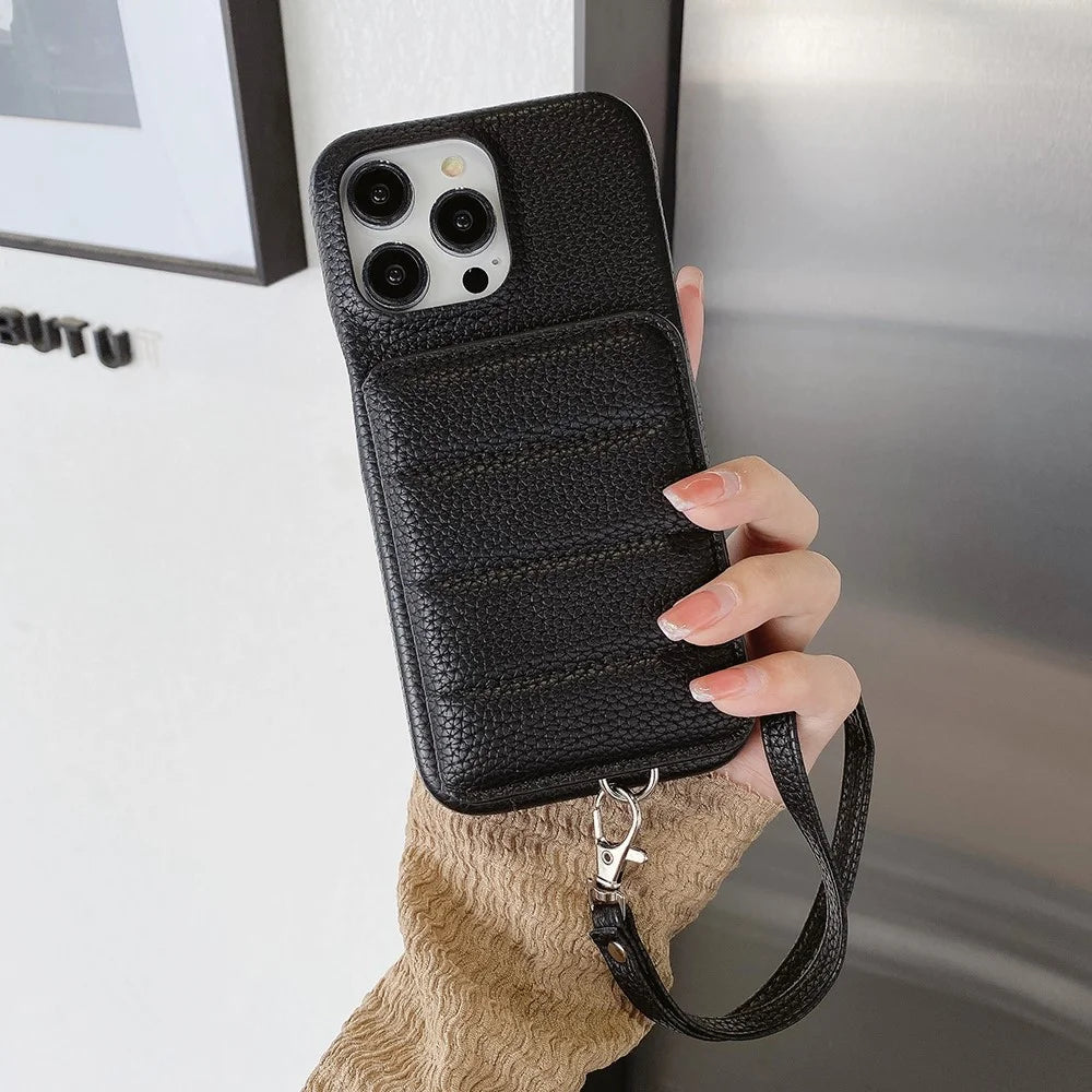 For iPhone 16 Pro Max Case Card Slots Kickstand PU Leather + PET Phone Cover with Wrist Strap - Black - 6