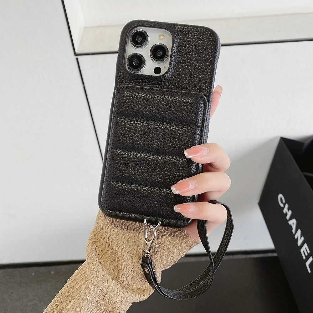 For iPhone 16 Pro Max Case Card Slots Kickstand PU Leather + PET Phone Cover with Wrist Strap - Black - 7