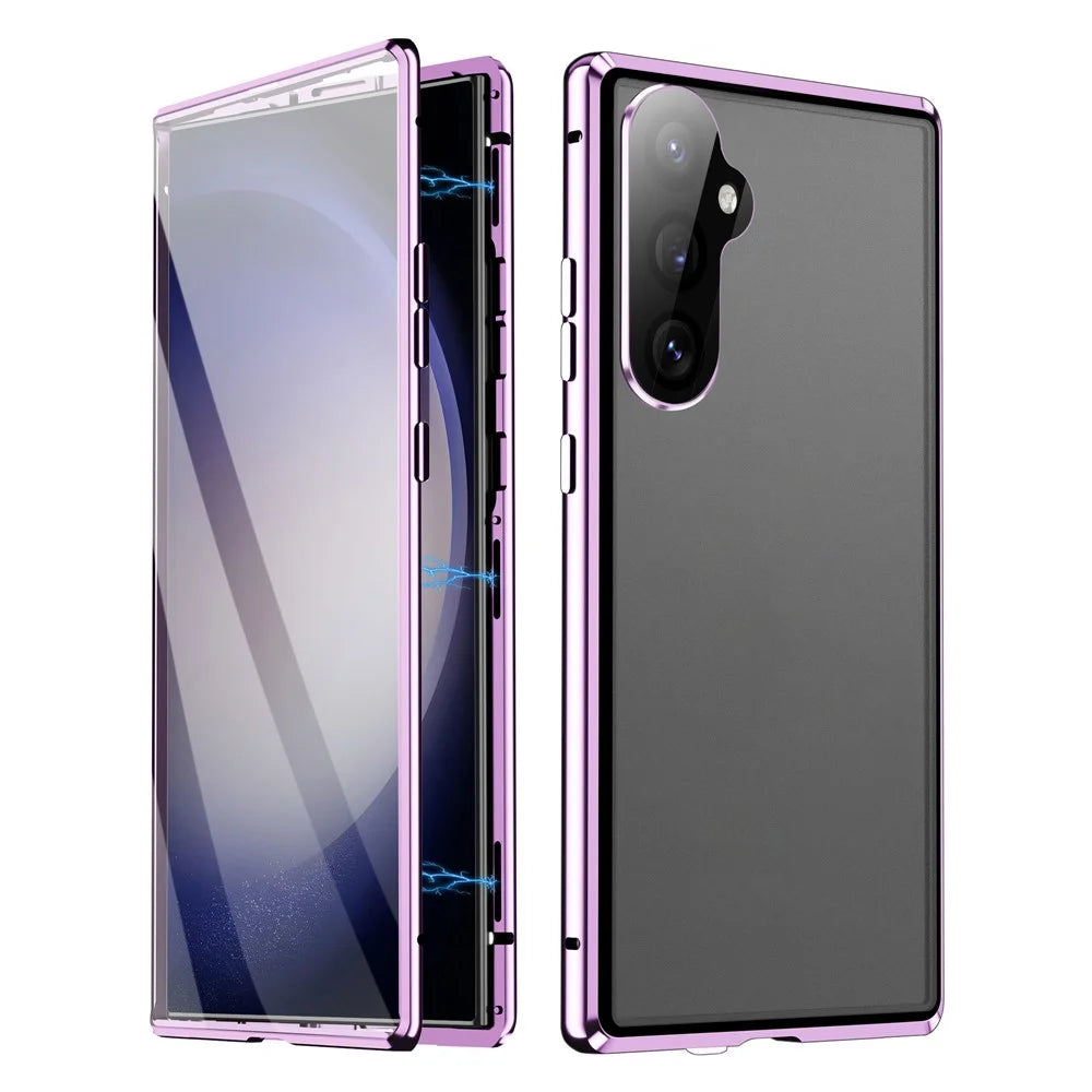 For Samsung Galaxy S24 FE Case Double Sides Tempered Glass+Metal Magnetic Phone Cover with Buckle - Purple - 1