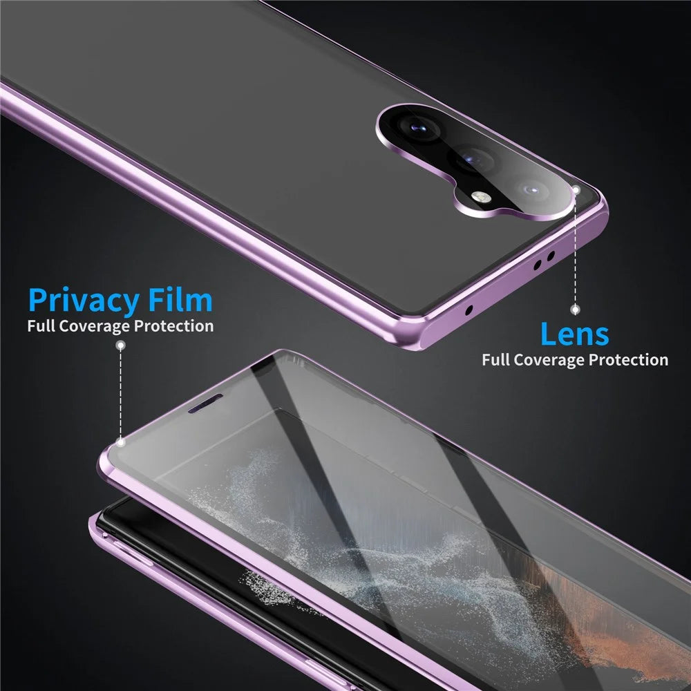 For Samsung Galaxy S24 FE Case Double Sides Tempered Glass+Metal Magnetic Phone Cover with Buckle - Purple - 5
