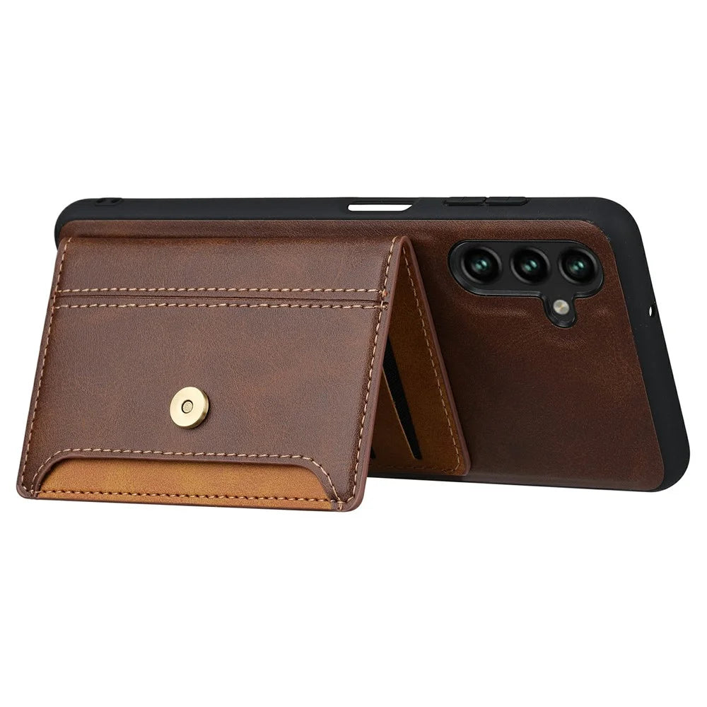 For Samsung Galaxy S25+ Case Calf Texture Card Holder PU Leather + TPU Kicsktand Phone Cover - Brown - 3
