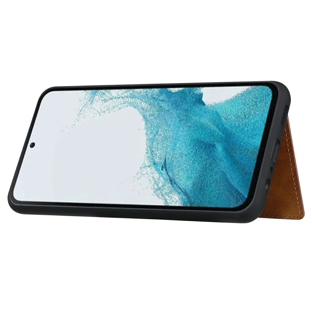 For Samsung Galaxy S25+ Case Calf Texture Card Holder PU Leather + TPU Kicsktand Phone Cover - Brown - 4