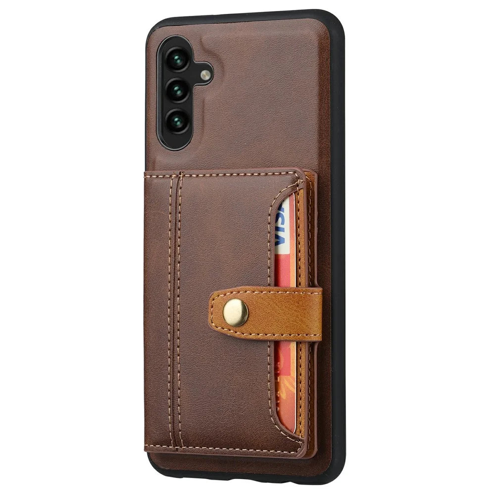 For Samsung Galaxy S25+ Case Calf Texture Card Holder PU Leather + TPU Kicsktand Phone Cover - Brown - 5