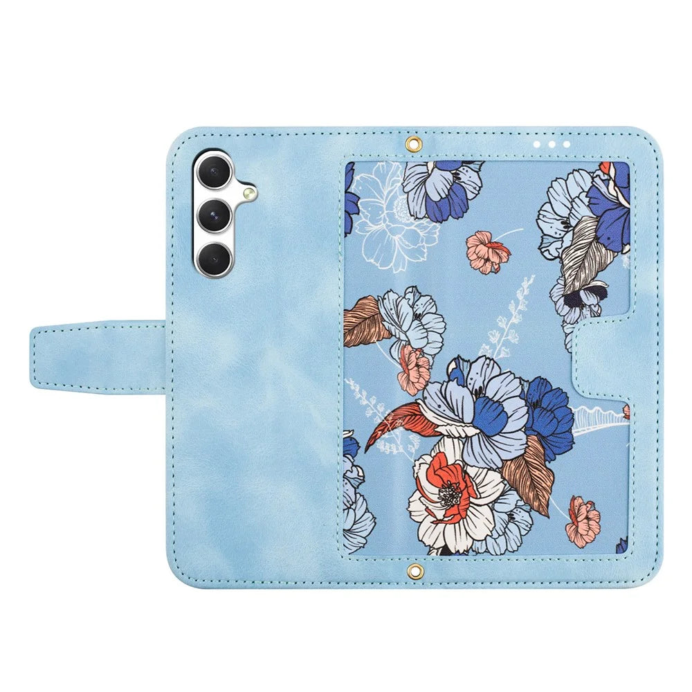 For Samsung Galaxy A56 5G Case PU Leather Floral Phone Cover with Card Slots - Baby Blue - 5