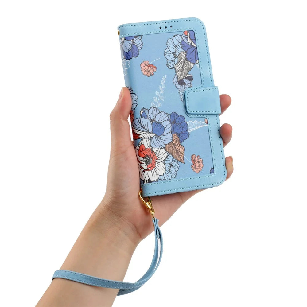 For Samsung Galaxy A56 5G Case PU Leather Floral Phone Cover with Card Slots - Baby Blue - 6