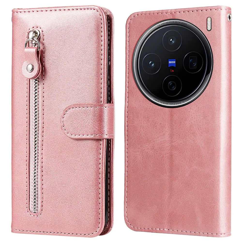 For vivo X200 5G Case Zipper Wallet Calf Texture PU Leather Phone Cover - Pink - 1