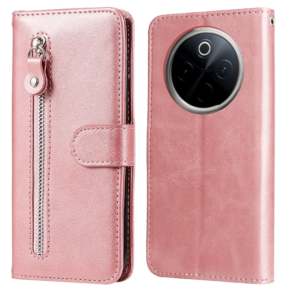 For vivo Y300 Pro 5G Case Zipper Wallet Calf Texture PU Leather Phone Cover - Pink - 1