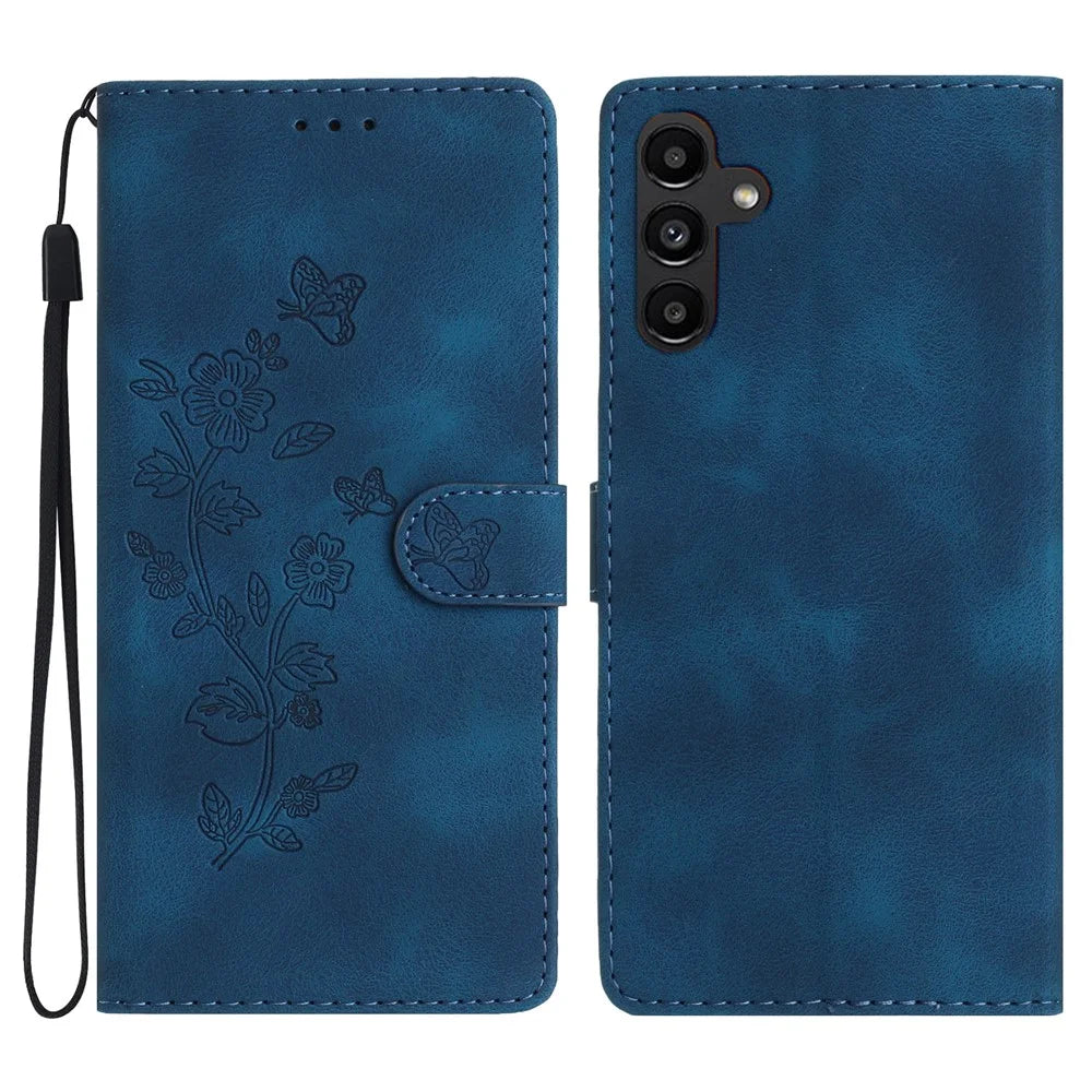 For Samsung Galaxy A36 5G Case Leather Imprinted Flower Phone Cover Wallet with Wrist Strap - Blue - 1