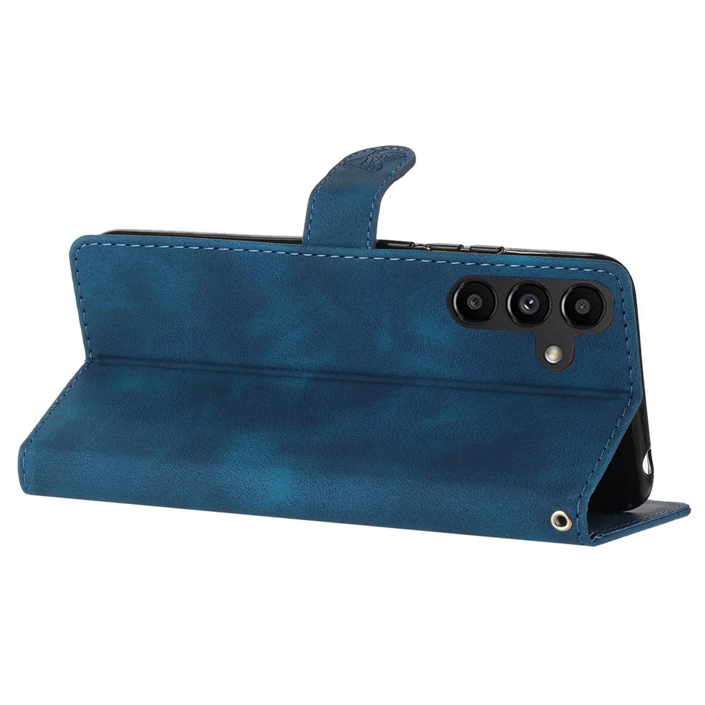 For Samsung Galaxy A36 5G Case Leather Imprinted Flower Phone Cover Wallet with Wrist Strap - Blue - 4