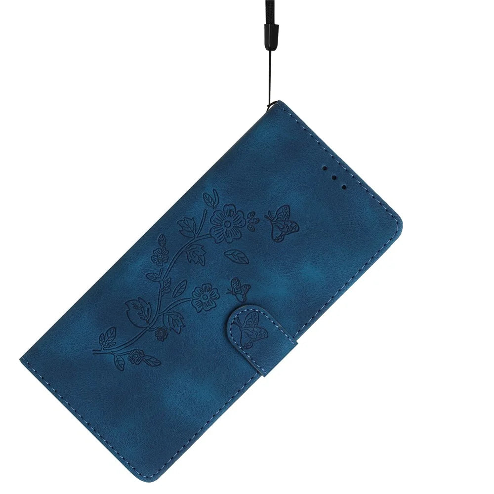 For Samsung Galaxy A36 5G Case Leather Imprinted Flower Phone Cover Wallet with Wrist Strap - Blue - 6