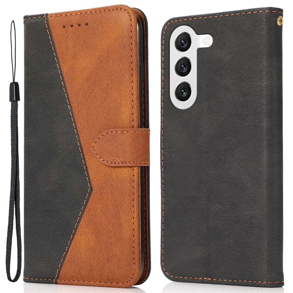 For Samsung Galaxy S25 Cover Color Splicing Wallet Stand Leather Phone Case with Wrist Strap - Black Brown - 1