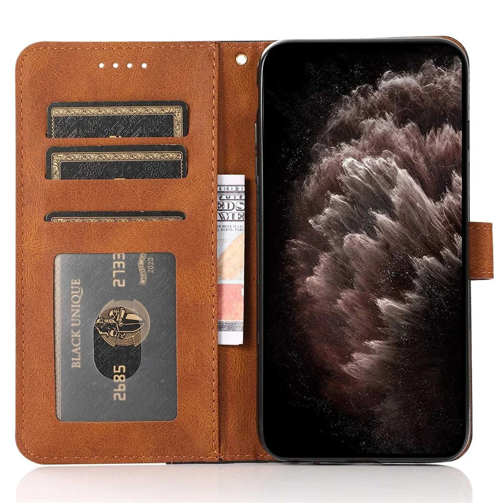 For Samsung Galaxy S25 Cover Color Splicing Wallet Stand Leather Phone Case with Wrist Strap - Black Brown - 2