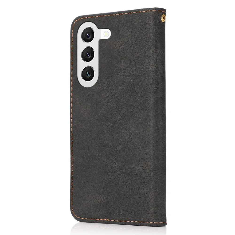 For Samsung Galaxy S25 Cover Color Splicing Wallet Stand Leather Phone Case with Wrist Strap - Black Brown - 5