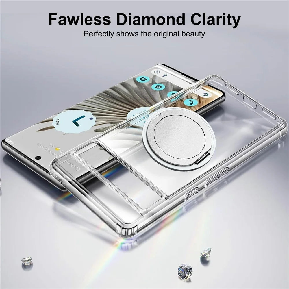 For Google Pixel 7 Pro 5G Magnetic Case Rotary Kickstand TPU PC Clear Phone Back Cover - 6