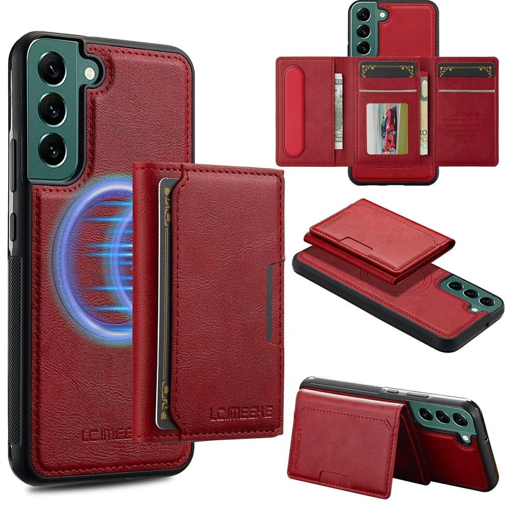 LC.IMEEKE L5 For Samsung	Galaxy S22+ 5G Magnetic Phone Case Leather Back Cover with Detachable Card Holder - Red - 1