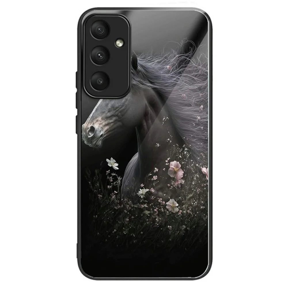 For Samsung Galaxy S25 Case Tempered Glass TPU Drop-Proof Phone Cover Pattern Printing - Horse and Flower - 1