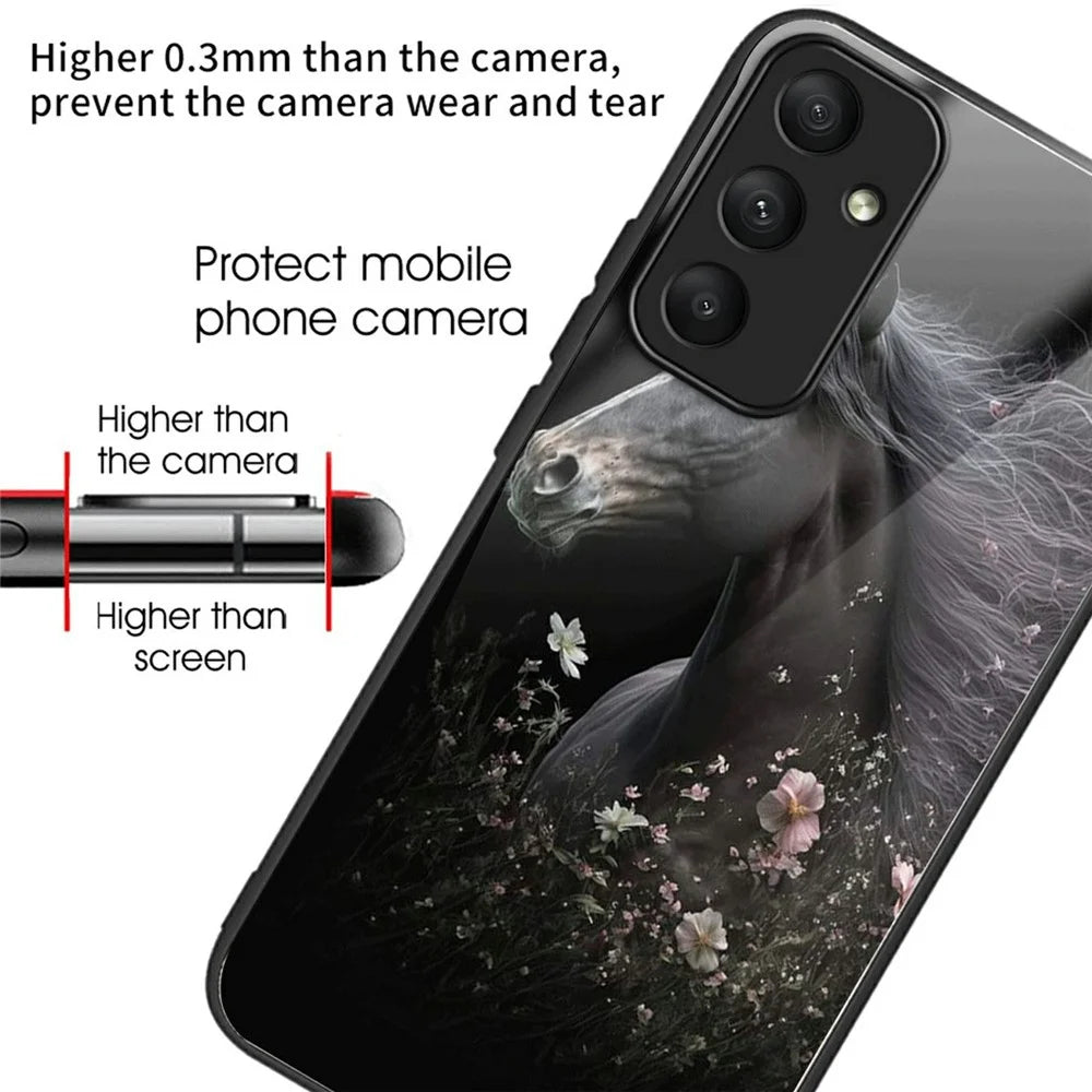 For Samsung Galaxy A18 5G / A18 4G / A17 5G / A17 4G / A26 5G Case Tempered Glass TPU Drop-Proof Phone Cover Pattern Printing - Horse and Flower - 2