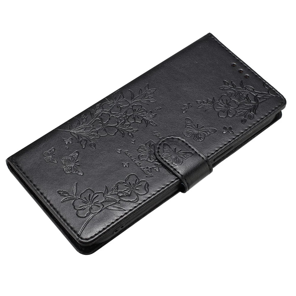 For Samsung Galaxy A18 5G / A18 4G / A17 5G / A17 4G / A26 5G Wallet Phone Case Butterfly Floral Imprint Leather Flip Cover - Black - 4