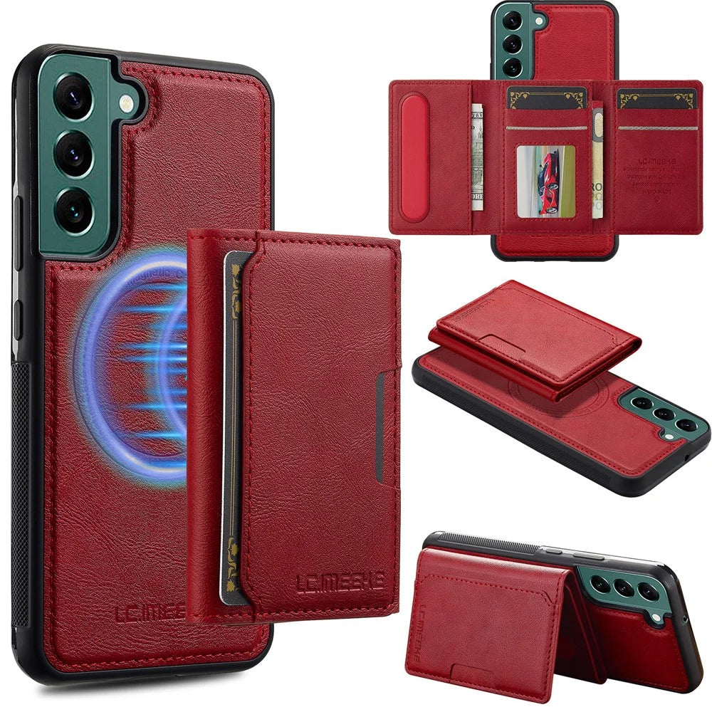 LC.IMEEKE L5 For Samsung	Galaxy S21 FE 5G Magnetic Phone Case Leather Back Cover with Detachable Card Holder - Red - 1