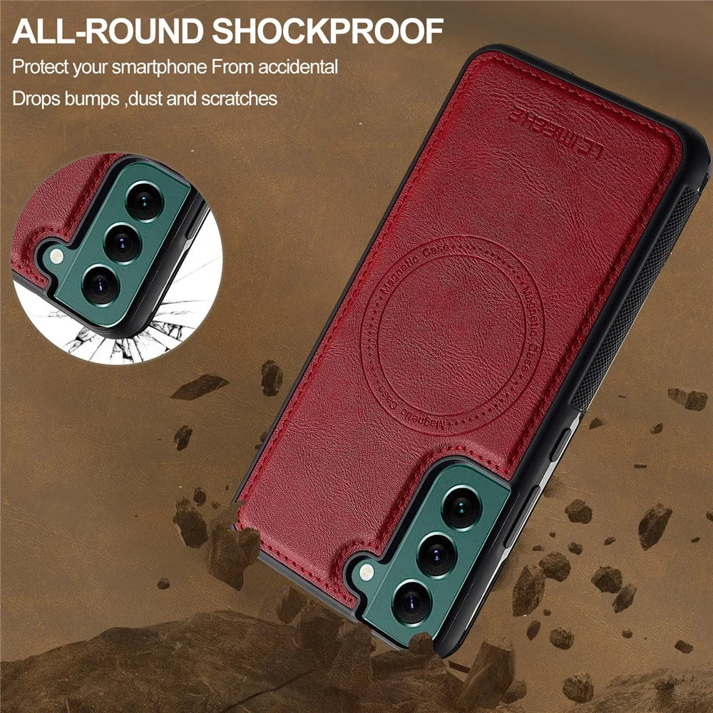 LC.IMEEKE L5 For Samsung	Galaxy S21 FE 5G Magnetic Phone Case Leather Back Cover with Detachable Card Holder - Red - 4