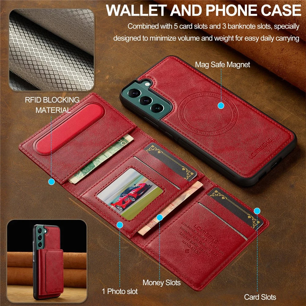 LC.IMEEKE L5 For Samsung	Galaxy S21 FE 5G Magnetic Phone Case Leather Back Cover with Detachable Card Holder - Red - 5